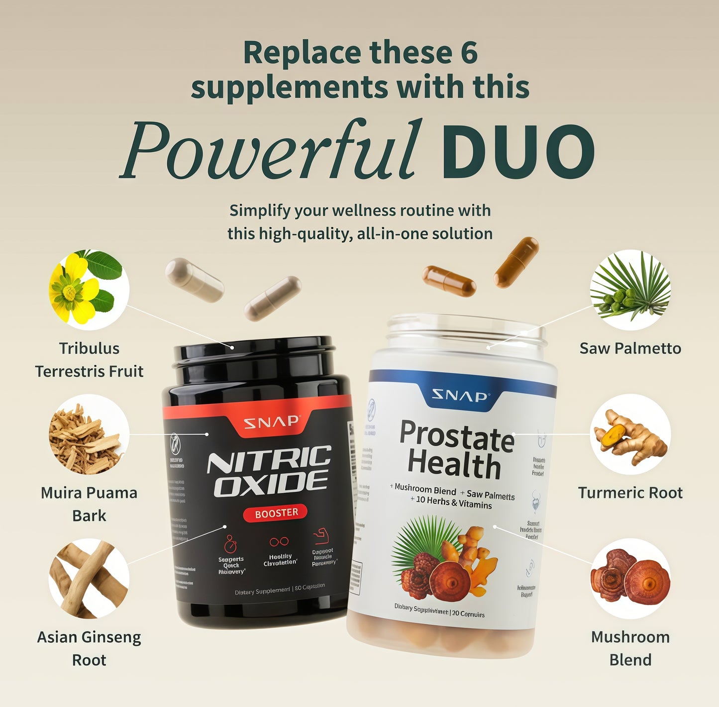 Snap Supplements Nitric Oxide Booster + Prostate Health Supplements for Men, Circulation, Stamina & Urinary Support, L-Citrulline, L-Arginine, Saw Palmetto for Men, Caffeine-Free, 60 + 90 Capsules