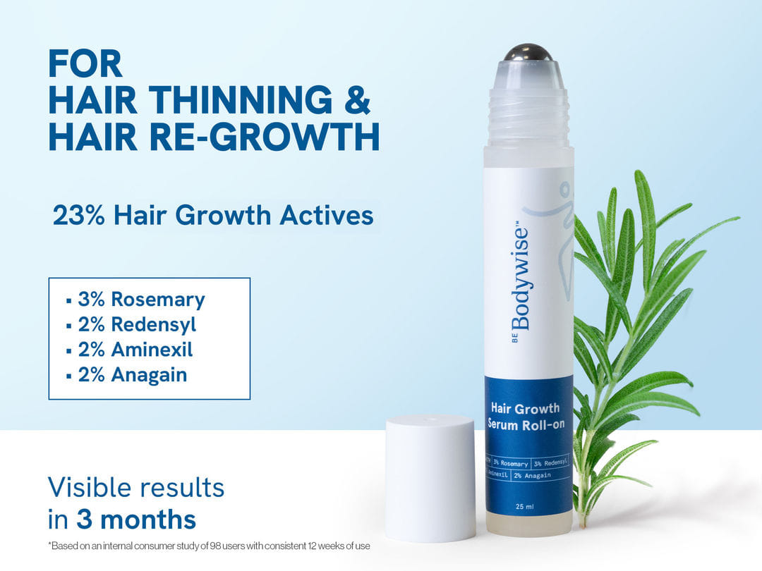 Be Bodywise Hair Growth Serum Roll On - 5% Saw Palmetto, 3% Rosemary Oil for Hair Growth, 3% Fenugreek,1% Caffeine Herbasome | Serum for Hair Loss & Hair Regrowth For Men & Women 25ml/0.84 fl oz
